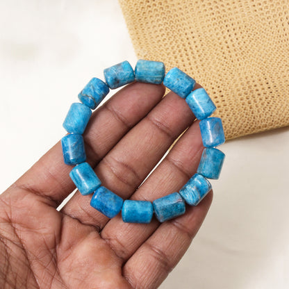 Natural Blue Apatite Plain Barrel Stretch Bead Bracelet – Handmade Healing Crystal Jewelry for Clarity & Confidence