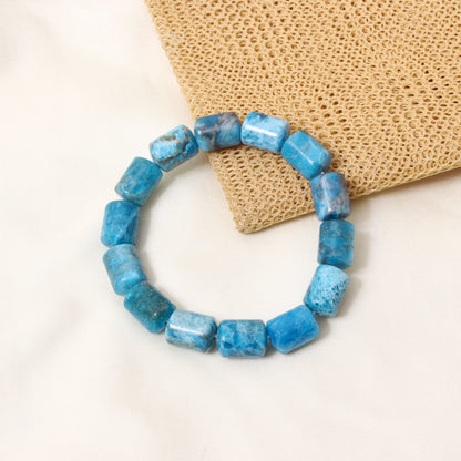 Natural Blue Apatite Plain Barrel Stretch Bead Bracelet – Handmade Healing Crystal Jewelry for Clarity & Confidence