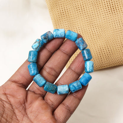 Natural Blue Apatite Plain Barrel Stretch Bead Bracelet – Handmade Healing Crystal Jewelry for Clarity & Confidence