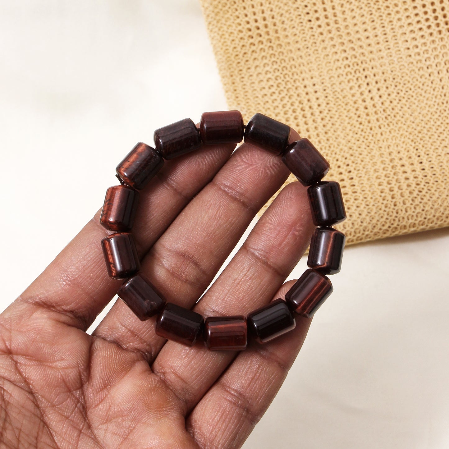 Natural Red Tiger Eye Plain Barrel Stretch Bead Bracelet – Handmade Healing Crystal Bracelet for Confidence & Protection