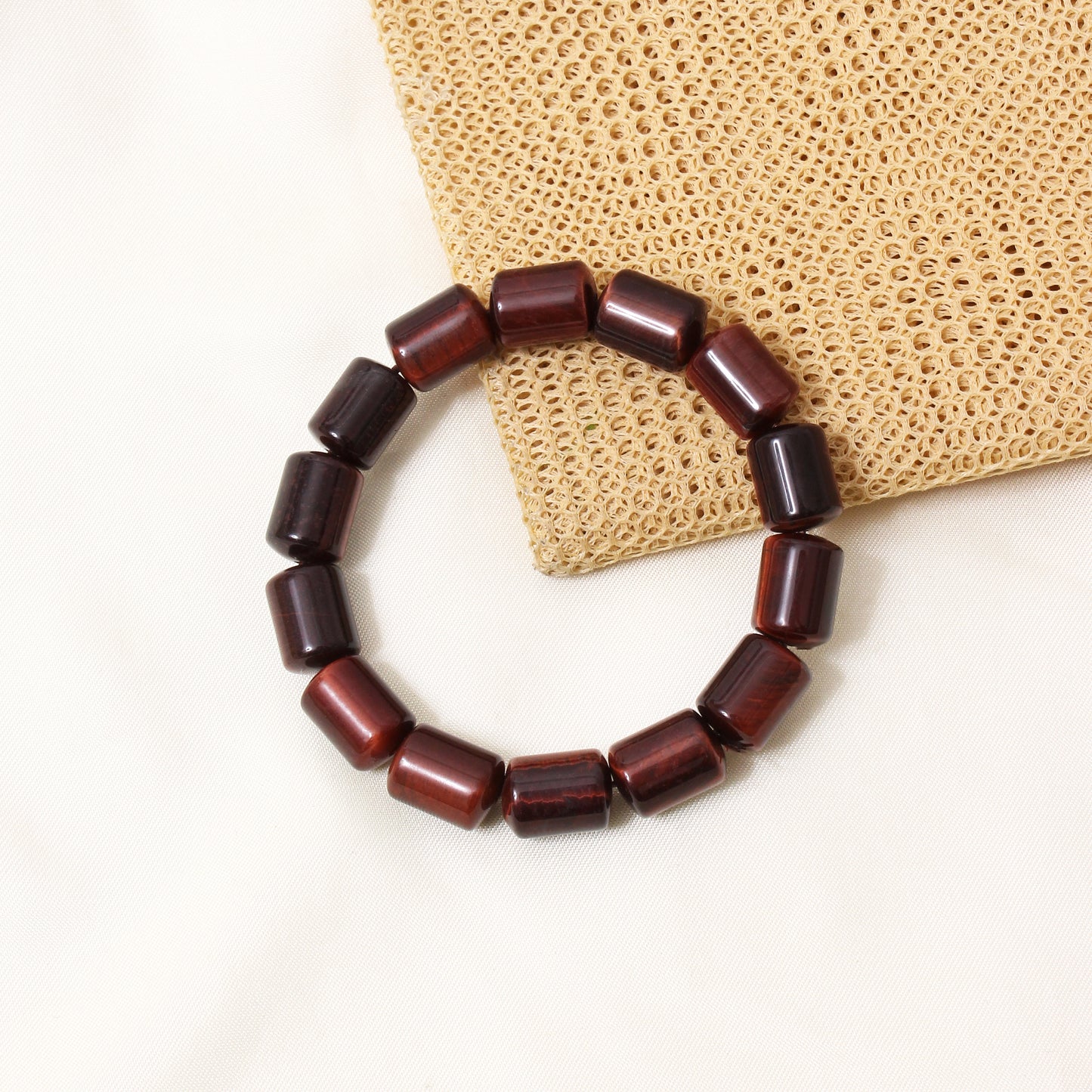 Natural Red Tiger Eye Plain Barrel Stretch Bead Bracelet – Handmade Healing Crystal Bracelet for Confidence & Protection