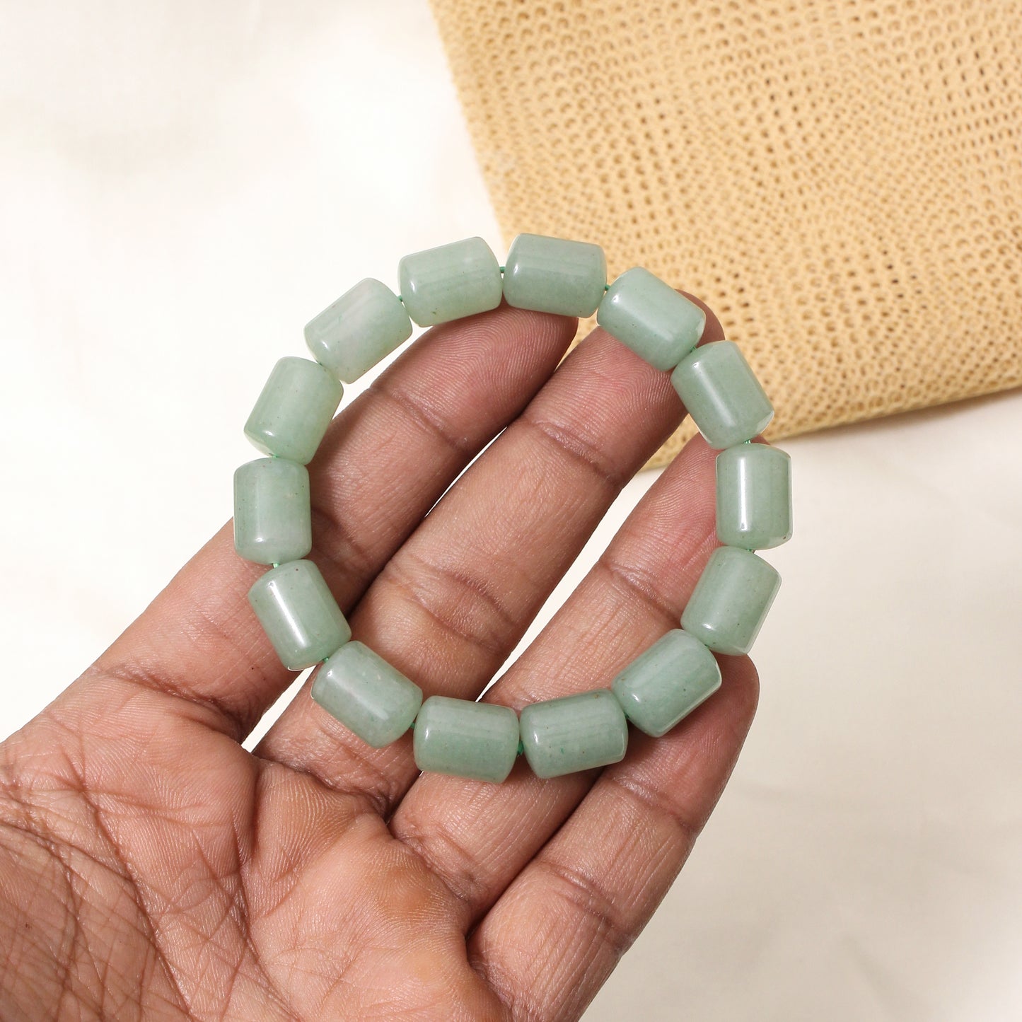 Natural Green Aventurine Plain Barrel Stretch Bead Bracelet – Handmade Luck & Prosperity Crystal Jewelry