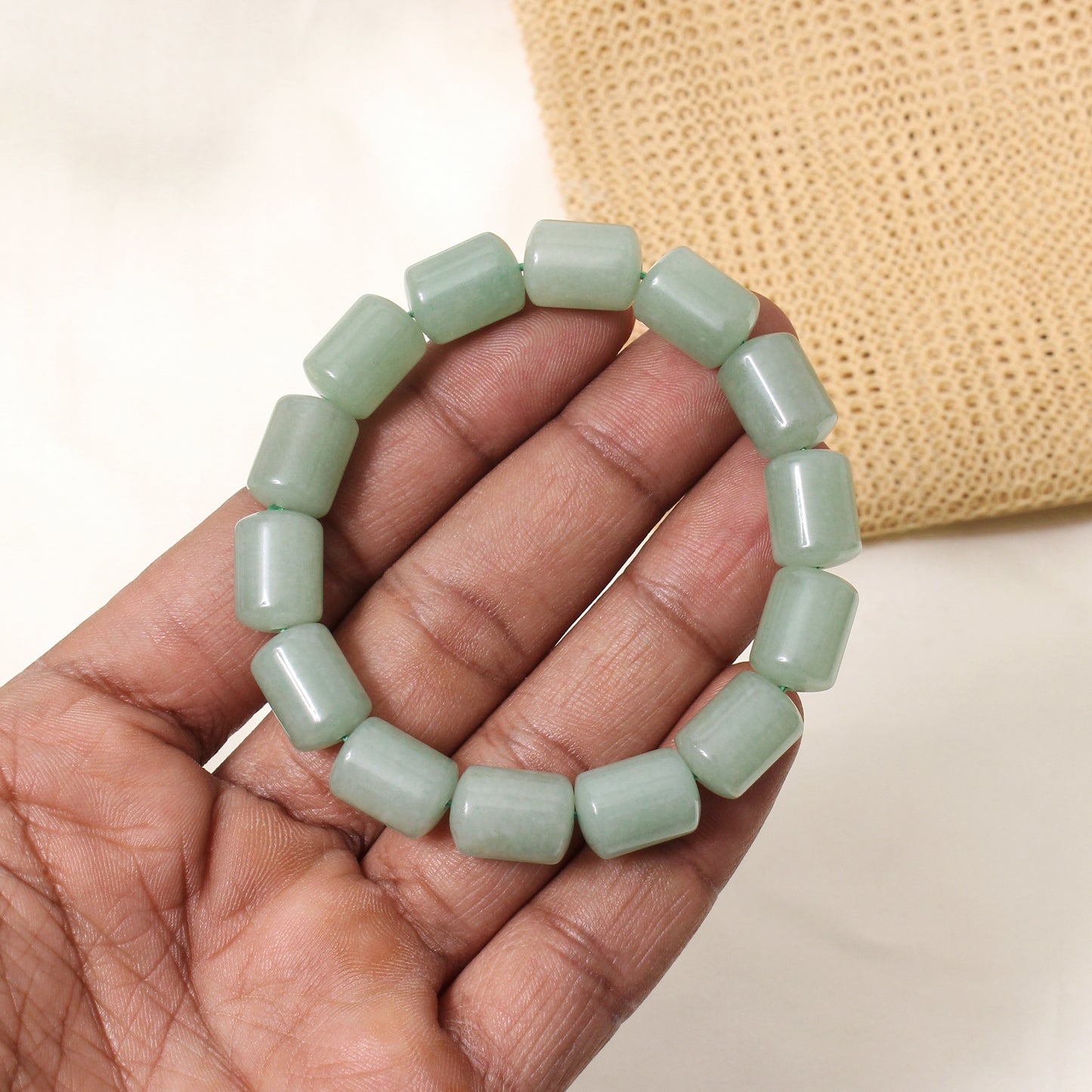 Natural Green Aventurine Plain Barrel Stretch Bead Bracelet – Handmade Luck & Prosperity Crystal Jewelry