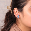 Elegant Blue Opal Crescent Moon Stud Earrings – Wire-Wrapped for Celestial Elegance