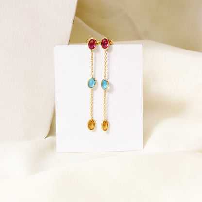 Elegant Natural Citrine, Pink Tourmaline Quartz & Swiss Blue Quartz Drop Earrings – 3-Stone Dangle Earrings