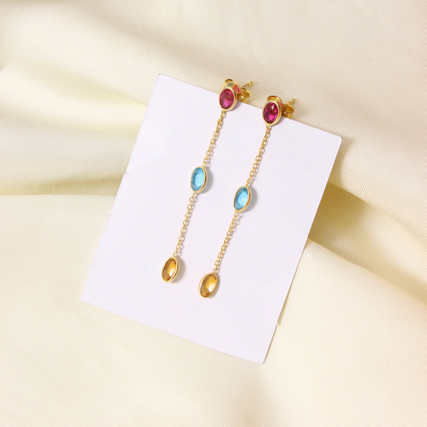 Elegant Natural Citrine, Pink Tourmaline Quartz & Swiss Blue Quartz Drop Earrings – 3-Stone Dangle Earrings