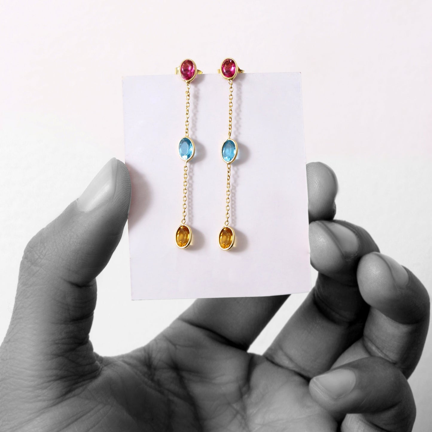 Elegant Natural Citrine, Pink Tourmaline Quartz & Swiss Blue Quartz Drop Earrings – 3-Stone Dangle Earrings