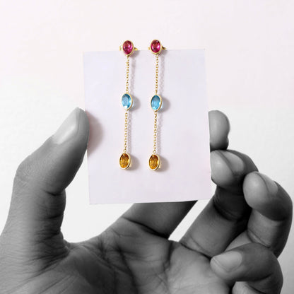 Elegant Natural Citrine, Pink Tourmaline Quartz & Swiss Blue Quartz Drop Earrings – 3-Stone Dangle Earrings