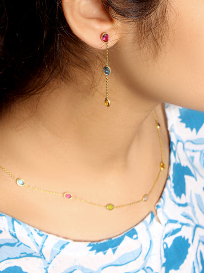 Elegant Natural Citrine, Pink Tourmaline Quartz & Swiss Blue Quartz Drop Earrings – 3-Stone Dangle Earrings
