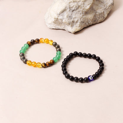 Money Magnet + No Nazar Evil Eye With Black Tourmaline Healing Streachable Bracelet