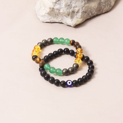Money Magnet + No Nazar Evil Eye With Black Tourmaline Healing Streachable Bracelet