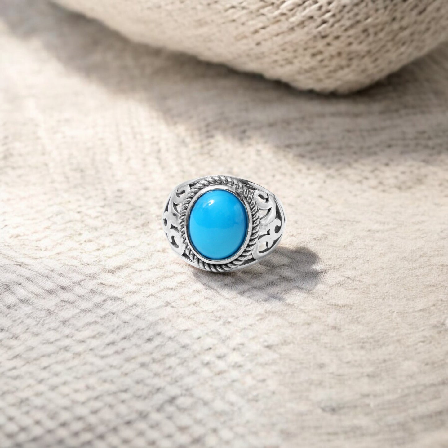 Natural Sky Turquoise Men's Ring in Sterling Silver | Handcrafted Vintage Statement Piece