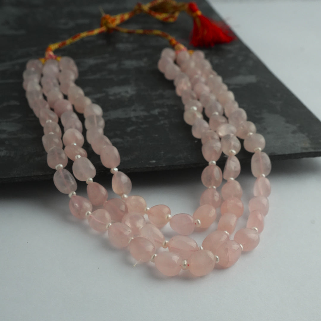 Elegant Triple-Layer Natural Rose Quartz Beaded Necklace – Crystal of Love & Inner Peace