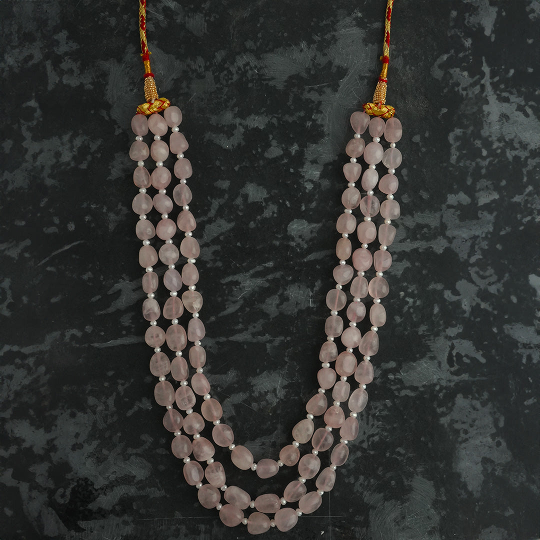 Elegant Triple-Layer Natural Rose Quartz Beaded Necklace – Crystal of Love & Inner Peace