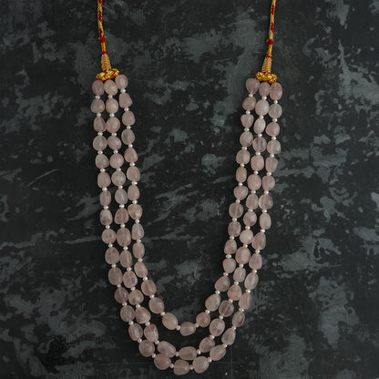 Elegant Triple-Layer Natural Rose Quartz Beaded Necklace – Crystal of Love & Inner Peace