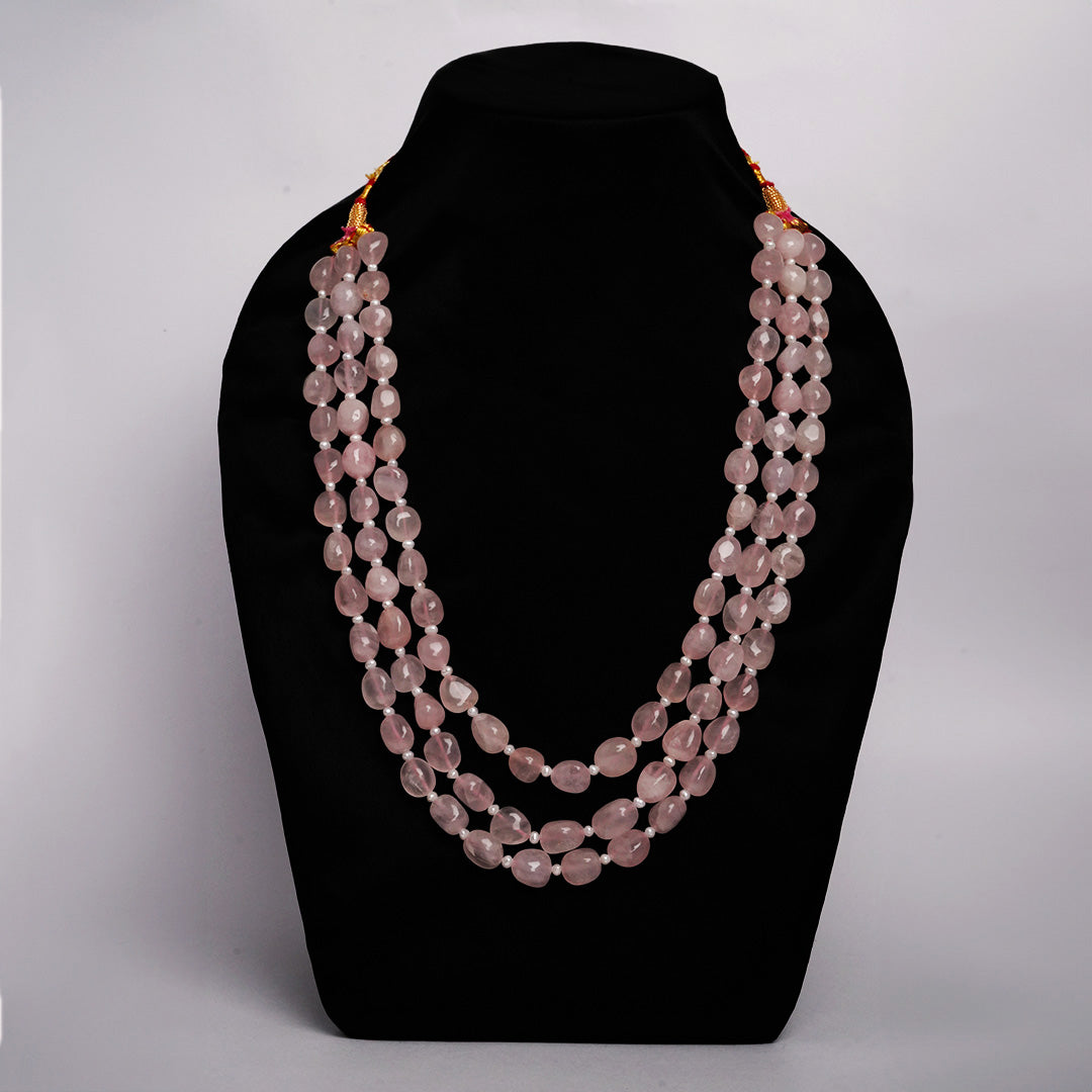 Elegant Triple-Layer Natural Rose Quartz Beaded Necklace – Crystal of Love & Inner Peace