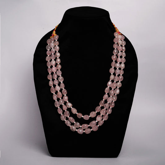 Elegant Triple-Layer Natural Rose Quartz Beaded Necklace – Crystal of Love & Inner Peace
