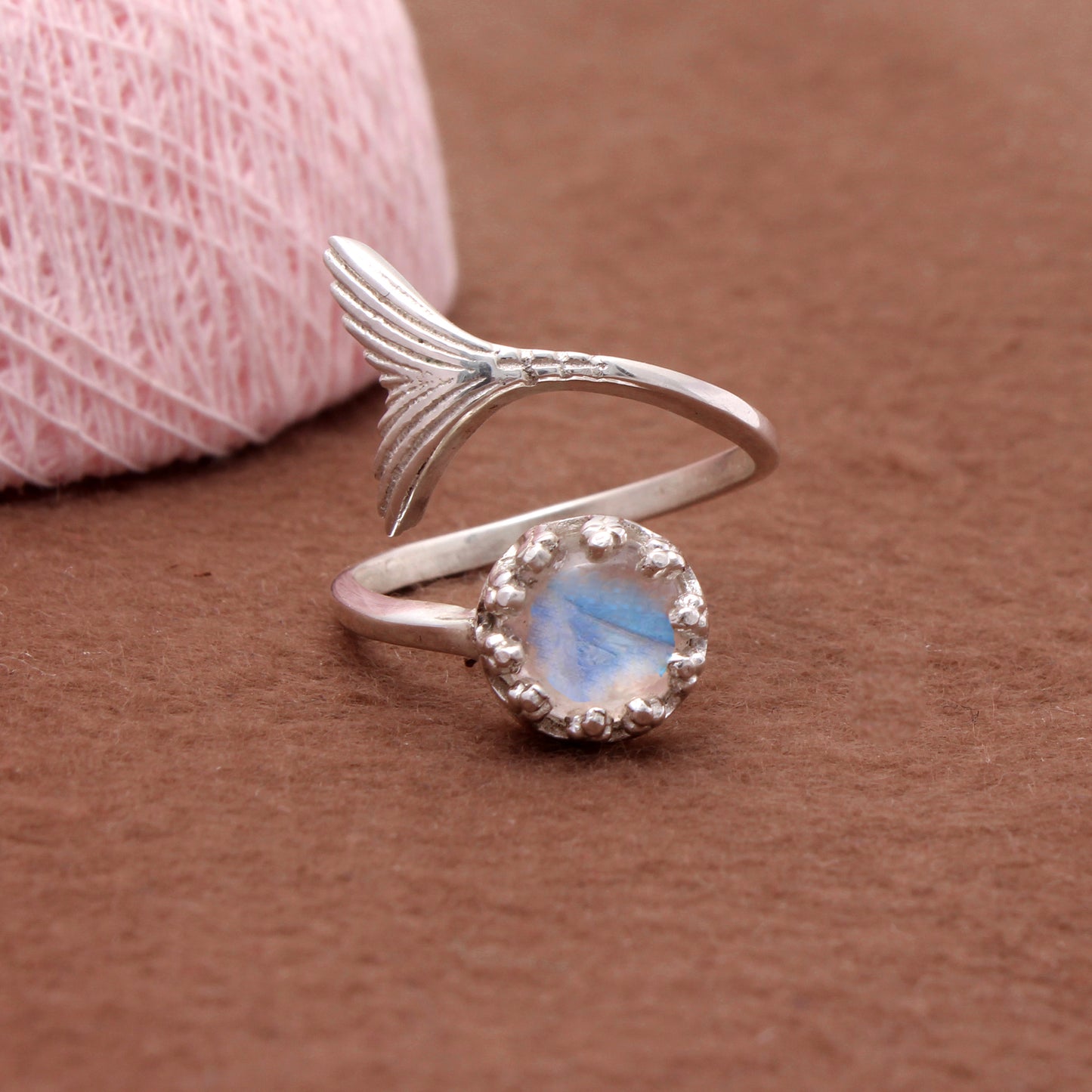 Natural Rainbow Moonstone Mermaid Tail Ring – Sterling Silver Adjustable Design