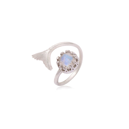 Natural Rainbow Moonstone Mermaid Tail Ring – Sterling Silver Adjustable Design