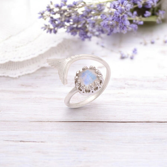 Natural Rainbow Moonstone Mermaid Tail Ring – Sterling Silver Adjustable Design