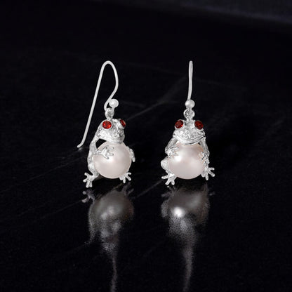 925 Sterling Silver Frog Pearl Earrings with Red Gemstone Eyes