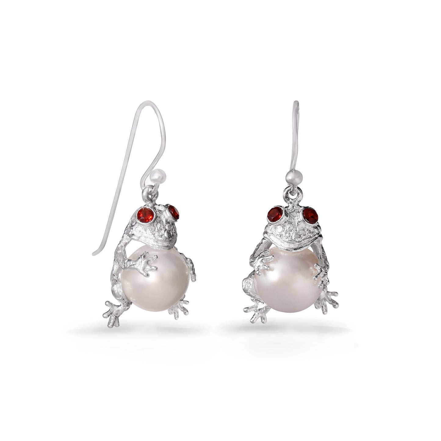 925 Sterling Silver Frog Pearl Earrings with Red Gemstone Eyes