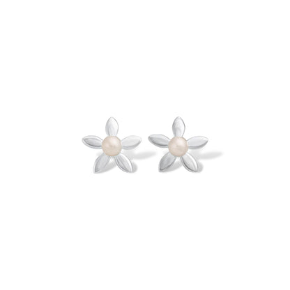 925 Sterling Silver Flower Pearl Stud Earrings