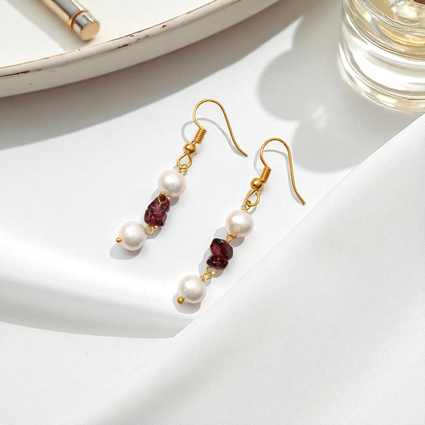 Elegant Natural Pearl & Garnet Drop Earrings – Natural Gemstone Jewelry for Love, Wisdom & Grace
