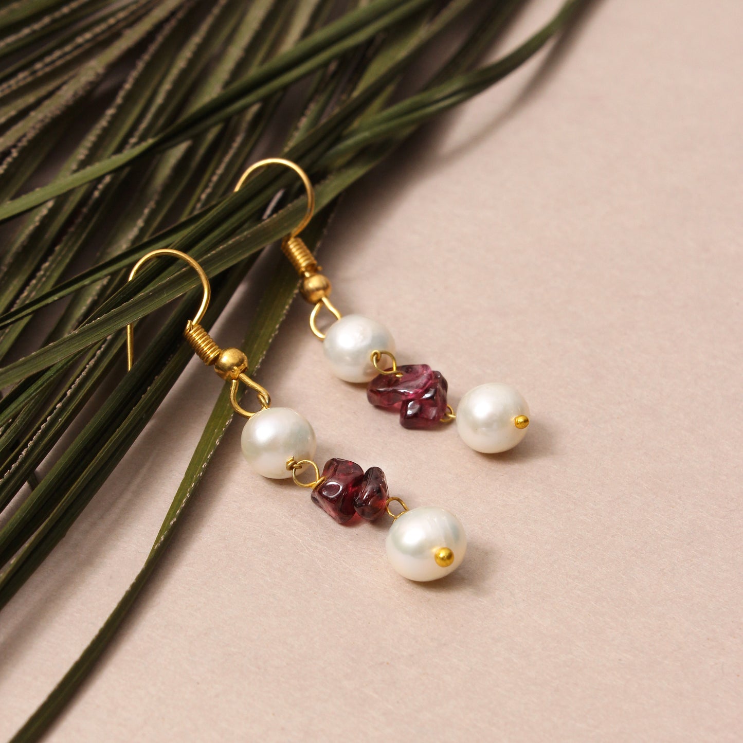 Elegant Natural Pearl & Garnet Drop Earrings – Natural Gemstone Jewelry for Love, Wisdom & Grace