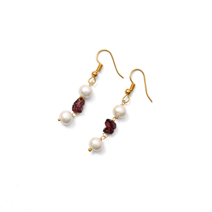Elegant Natural Pearl & Garnet Drop Earrings – Natural Gemstone Jewelry for Love, Wisdom & Grace