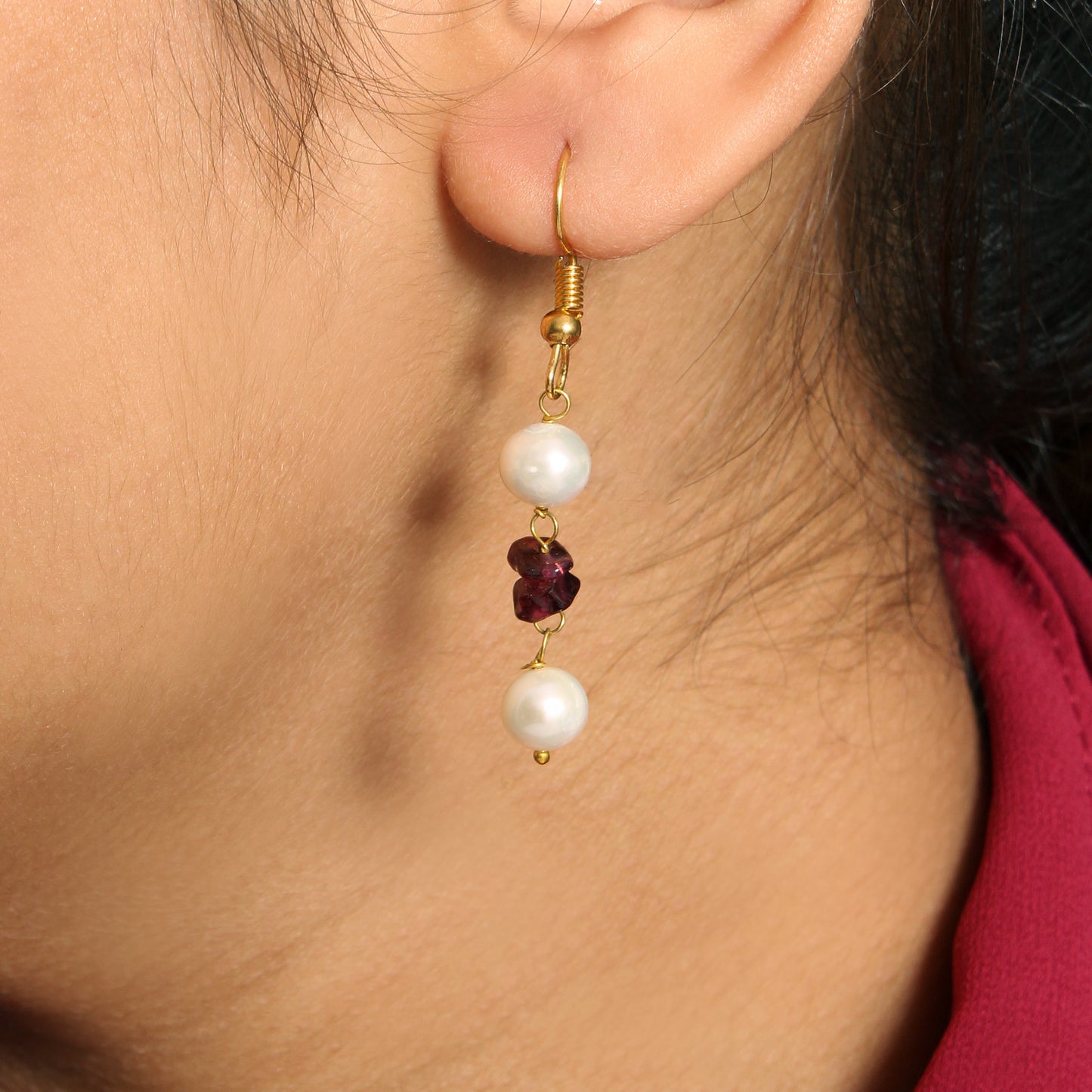 Elegant Natural Pearl & Garnet Drop Earrings – Natural Gemstone Jewelry for Love, Wisdom & Grace