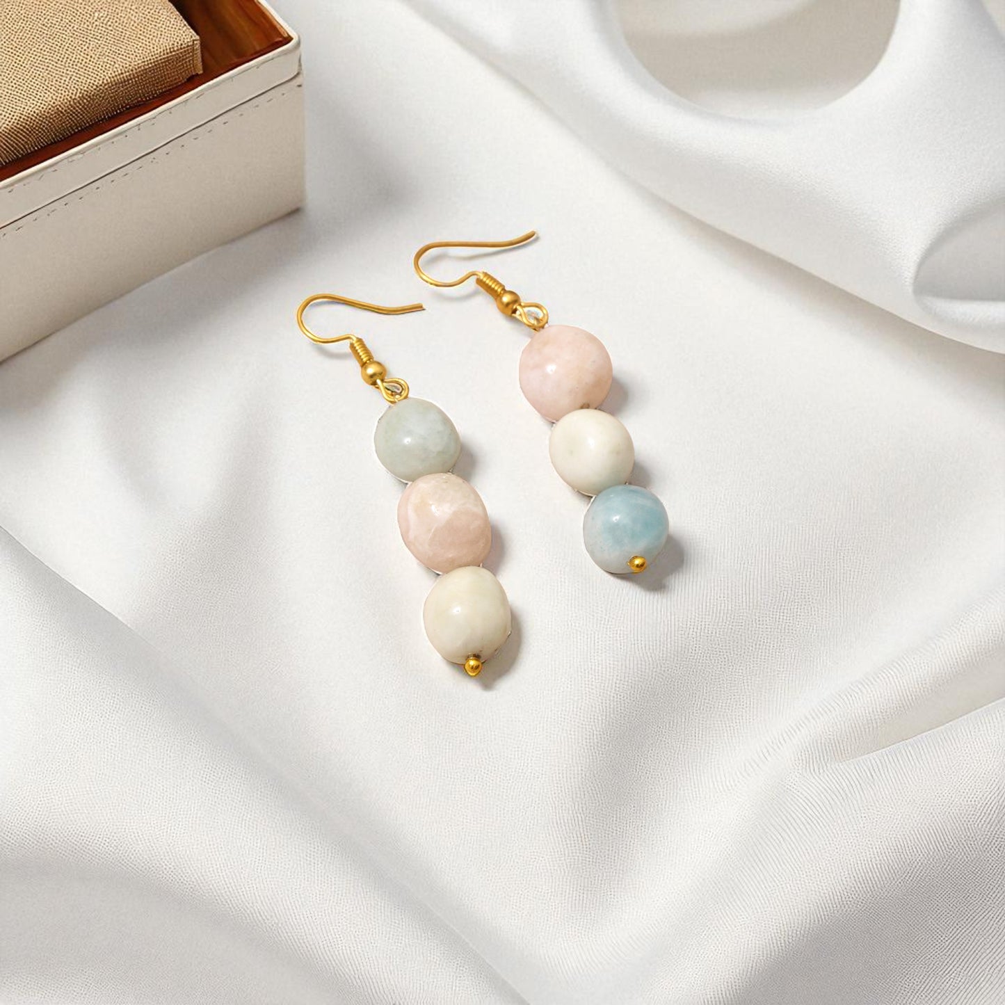 Handmade Multi Aquamarine Gemstone Beaded Earrings – Dangle Drop Earrings with Gold Plated Hooks,
