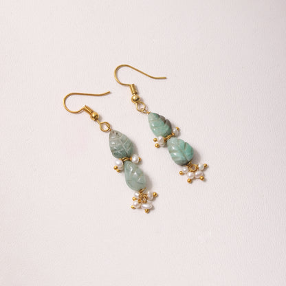 Elegant Natural Emerald & Pearl Leaf Design Dangle Earrings – Gold Plated Handmade Jewelry