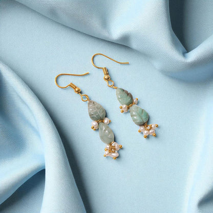 Elegant Natural Emerald & Pearl Leaf Design Dangle Earrings – Gold Plated Handmade Jewelry