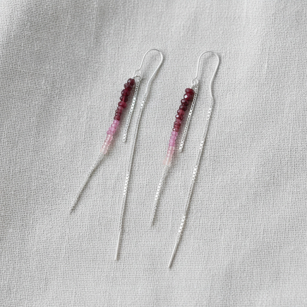 925 Sterling Silver Shaded Pink Ruby Threader Earrings | Ombre Beaded Long Chain Earrings