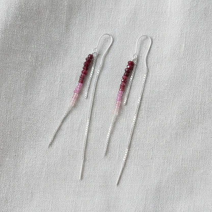 925 Sterling Silver Shaded Pink Ruby Threader Earrings | Ombre Beaded Long Chain Earrings