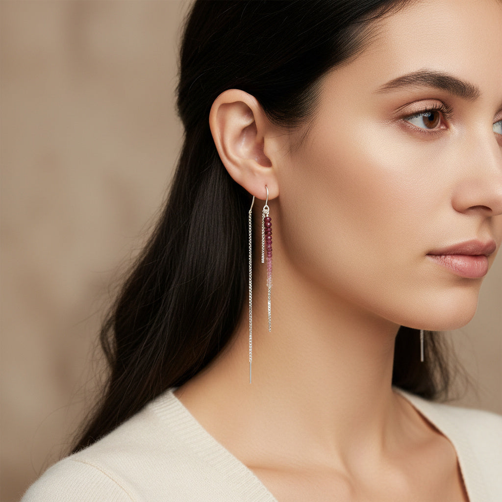 925 Sterling Silver Shaded Pink Ruby Threader Earrings | Ombre Beaded Long Chain Earrings