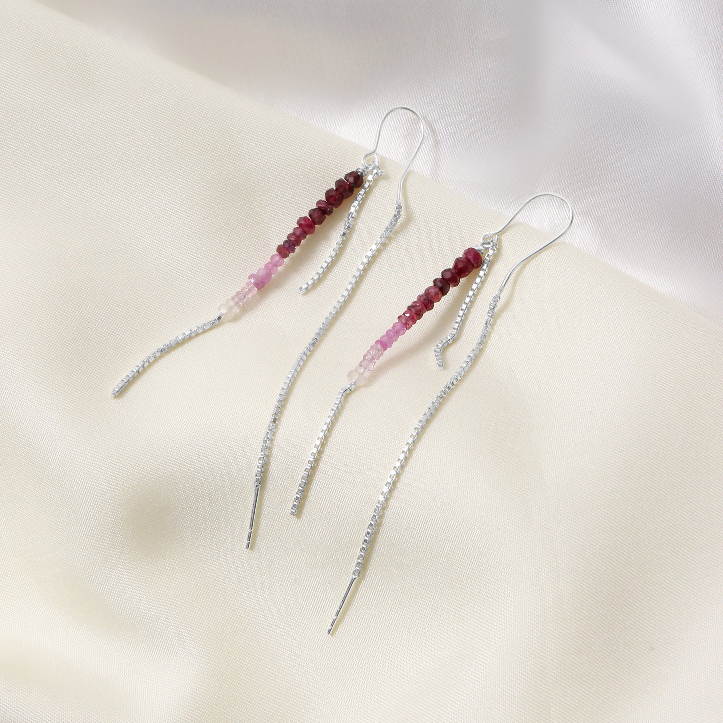 925 Sterling Silver Shaded Pink Ruby Threader Earrings | Ombre Beaded Long Chain Earrings