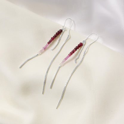 925 Sterling Silver Shaded Pink Ruby Threader Earrings | Ombre Beaded Long Chain Earrings