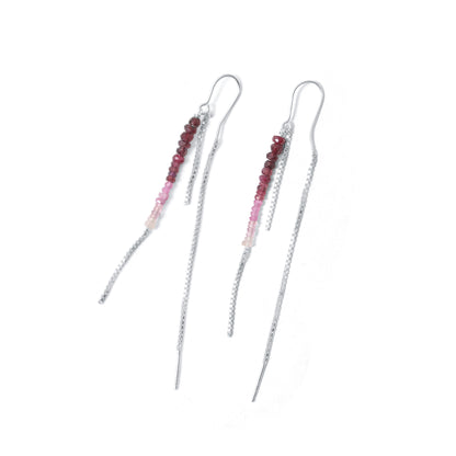 925 Sterling Silver Shaded Pink Ruby Threader Earrings | Ombre Beaded Long Chain Earrings