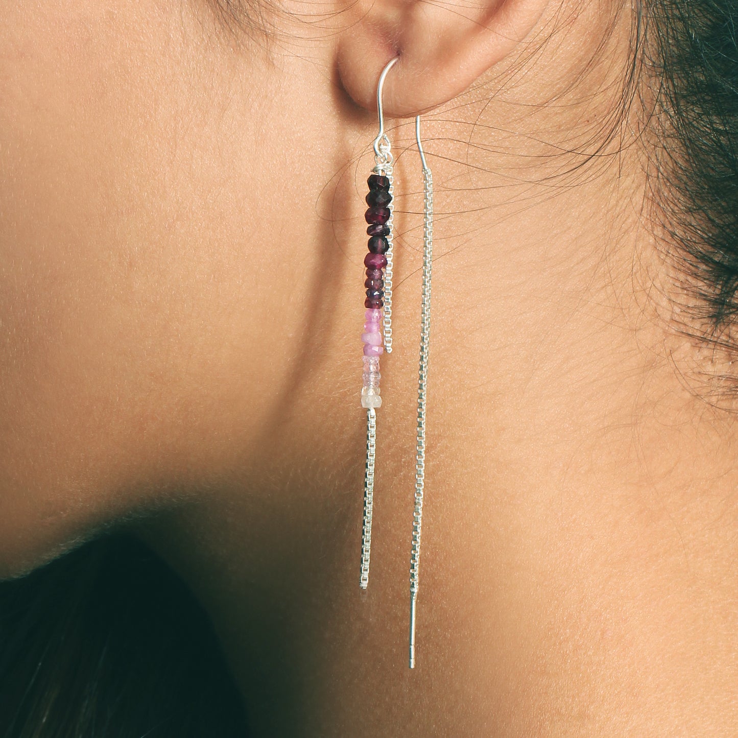 925 Sterling Silver Shaded Pink Ruby Threader Earrings | Ombre Beaded Long Chain Earrings