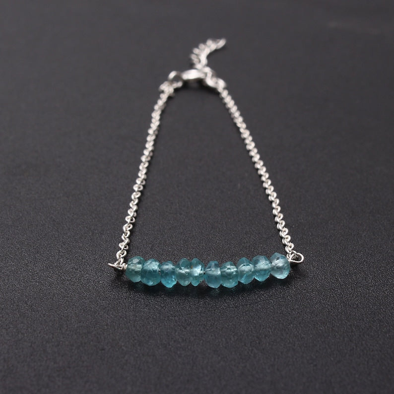 Natural Blue Apatite Bracelet, 925 Silver Bar Bracelet,