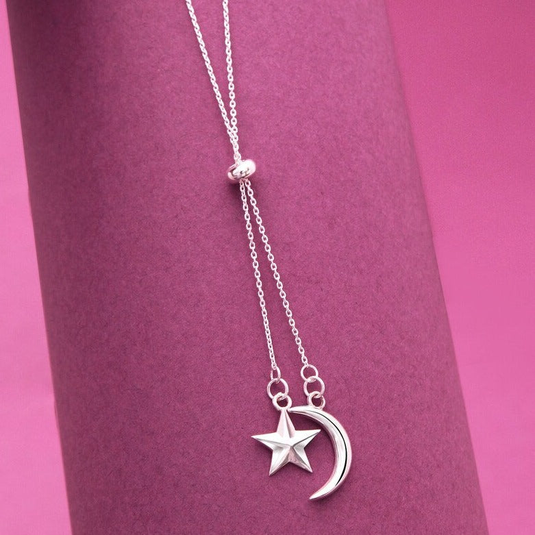 Moon-Star Silver Charm Pendant Necklace