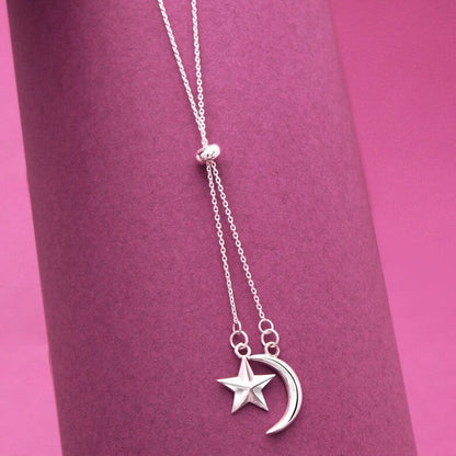 Moon-Star Silver Charm Pendant Necklace