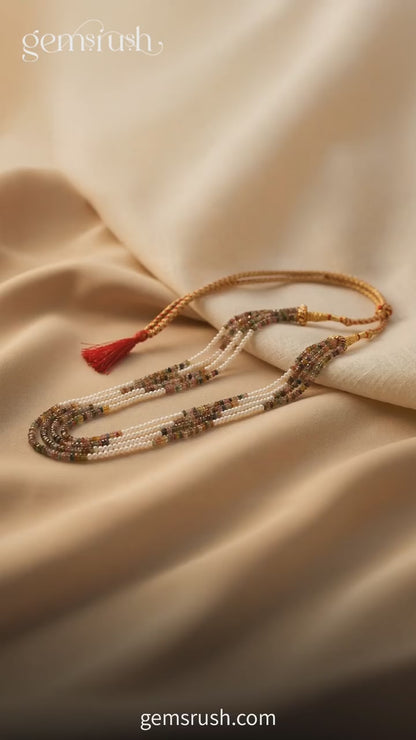 Natural Multi Tourmaline & Freshwater Pearl 4-Layer Beaded Sarafa Necklace | Luxury Handmade Healing Jewelry