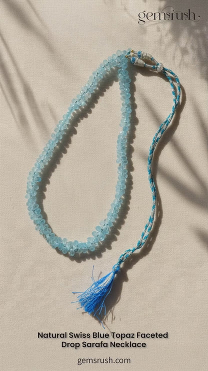 Natural Swiss Blue Topaz Faceted Drop Sarafa Necklace 6-7mm – Elegant Gemstone Jewelry for Calm & Clarity