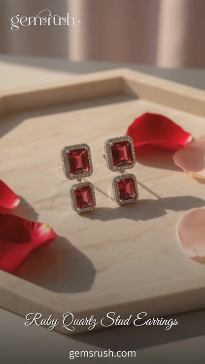 Ruby Quartz Stud Earrings – Emerald-Cut Gemstone Jewelry for Timeless Elegance