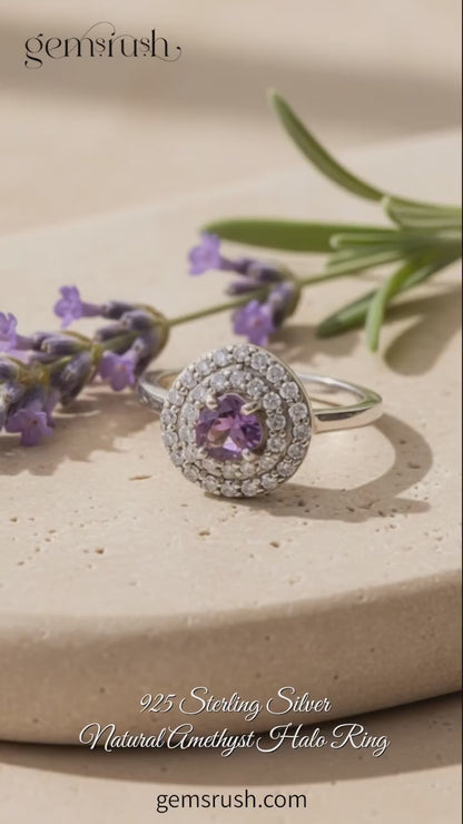 925 Sterling Silver Natural Amethyst Halo Ring – Elegant February Birthstone for Calm & Clarity