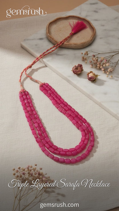 Triple Layered Sarafa Necklace with Adorable Pink Quartz Gemstone