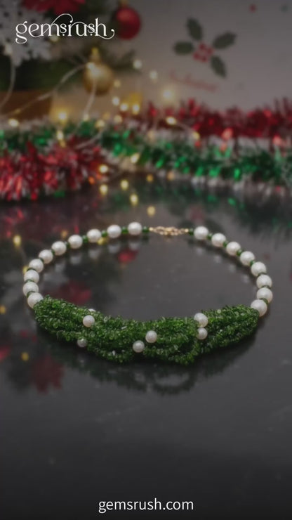 Natural Chrome Diopside With Freshwater pearl beaded necklace